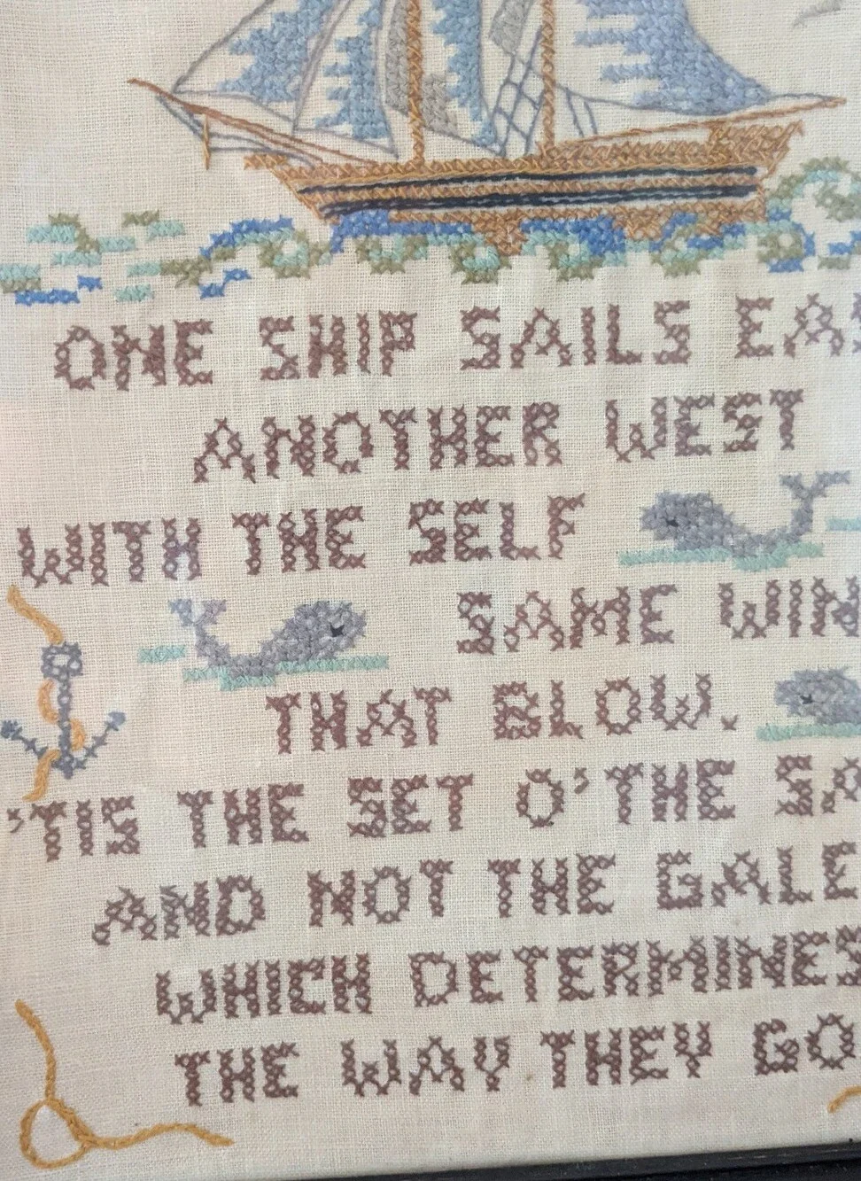 Vintage Nautical Framed Cross Stitch Sailboat Poem Wall Hanging - Coastal Home